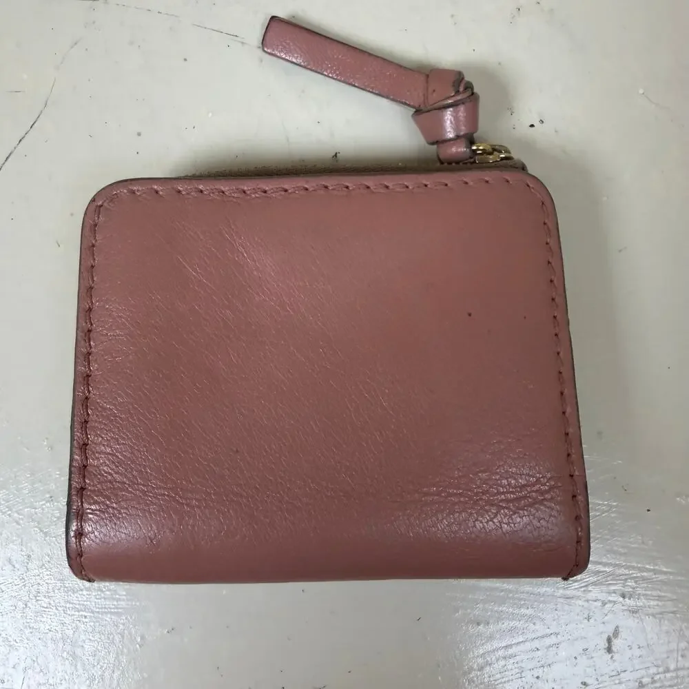 Authentic Chloe pink leather compact wallet gold toned plaque zip around closure